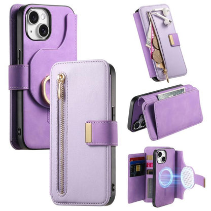 For iPhone 14 Plus Ring Zipper Wallet RFID Blocking MagSafe Leather Phone Case(Purple) - iPhone 14 Plus Cases by buy2fix | Online Shopping UK | buy2fix