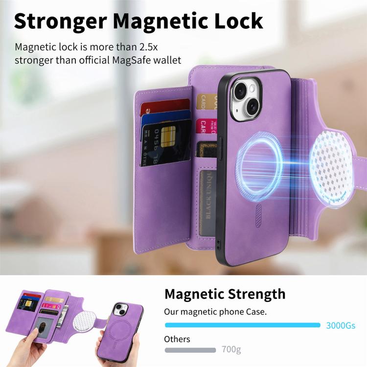 For iPhone 14 Plus Ring Zipper Wallet RFID Blocking MagSafe Leather Phone Case(Purple) - iPhone 14 Plus Cases by buy2fix | Online Shopping UK | buy2fix