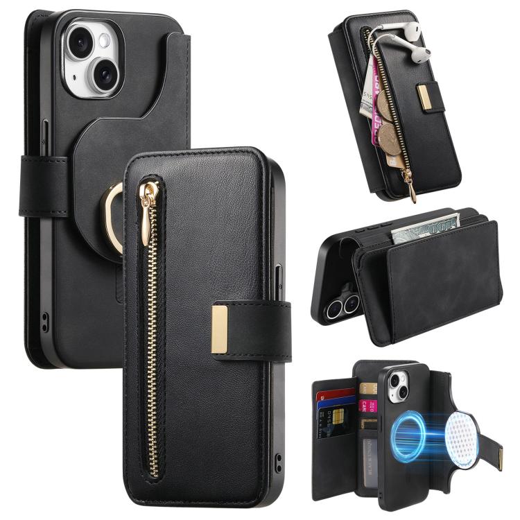 For iPhone 14 Plus Ring Zipper Wallet RFID Blocking MagSafe Leather Phone Case(Black) - iPhone 14 Plus Cases by buy2fix | Online Shopping UK | buy2fix
