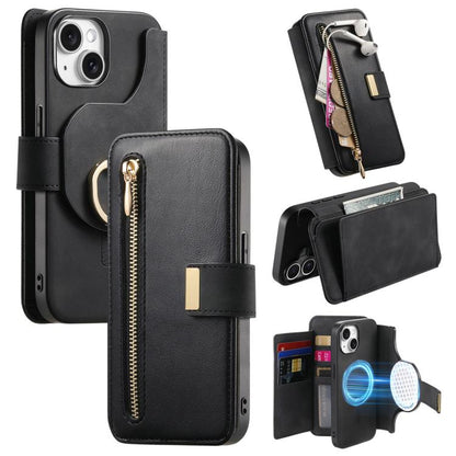 For iPhone 14 Plus Ring Zipper Wallet RFID Blocking MagSafe Leather Phone Case(Black) - iPhone 14 Plus Cases by buy2fix | Online Shopping UK | buy2fix