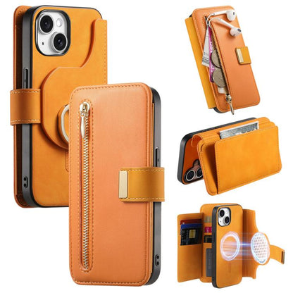 For iPhone 14 Plus Ring Zipper Wallet RFID Blocking MagSafe Leather Phone Case(Orange) - iPhone 14 Plus Cases by buy2fix | Online Shopping UK | buy2fix