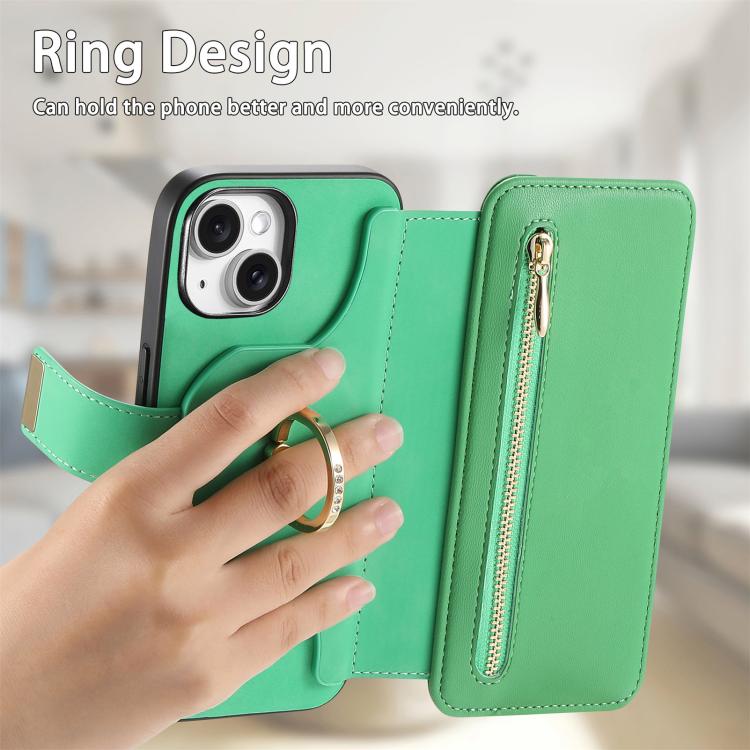 For iPhone 14 Plus Ring Zipper Wallet RFID Blocking MagSafe Leather Phone Case(Green) - iPhone 14 Plus Cases by buy2fix | Online Shopping UK | buy2fix