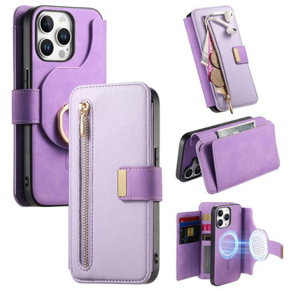 For iPhone 14 Pro Ring Zipper Wallet RFID Blocking MagSafe Leather Phone Case(Purple) - iPhone 14 Pro Cases by buy2fix | Online Shopping UK | buy2fix
