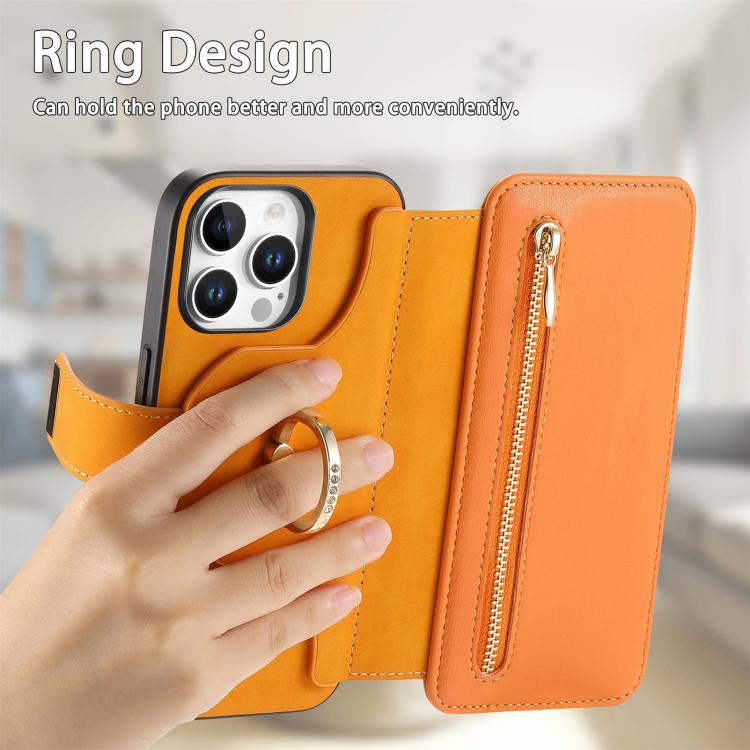 For iPhone 14 Pro Ring Zipper Wallet RFID Blocking MagSafe Leather Phone Case(Orange) - iPhone 14 Pro Cases by buy2fix | Online Shopping UK | buy2fix