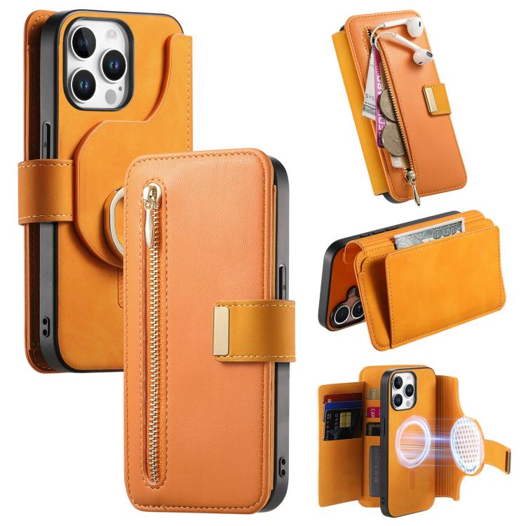 For iPhone 14 Pro Max Ring Zipper Wallet RFID Blocking MagSafe Leather Phone Case(Orange) - iPhone 14 Pro Max Cases by buy2fix | Online Shopping UK | buy2fix