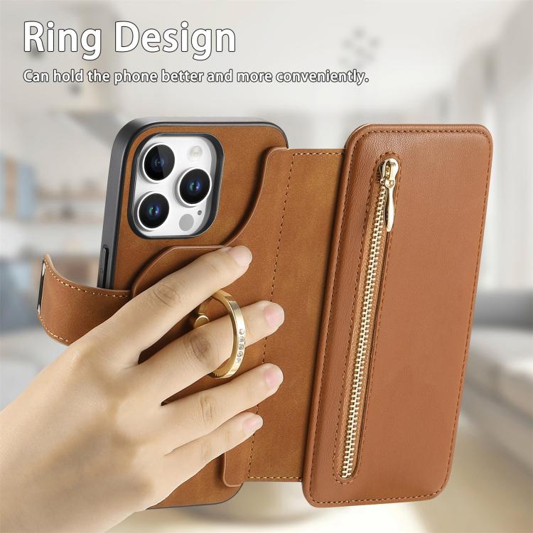 For iPhone 14 Pro Max Ring Zipper Wallet RFID Blocking MagSafe Leather Phone Case(Brown) - iPhone 14 Pro Max Cases by buy2fix | Online Shopping UK | buy2fix