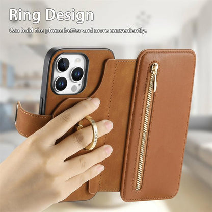 For iPhone 14 Pro Max Ring Zipper Wallet RFID Blocking MagSafe Leather Phone Case(Brown) - iPhone 14 Pro Max Cases by buy2fix | Online Shopping UK | buy2fix