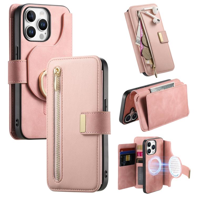 For iPhone 13 Pro Max Ring Zipper Wallet RFID Blocking MagSafe Leather Phone Case(Pink) - iPhone 13 Pro Max Cases by buy2fix | Online Shopping UK | buy2fix