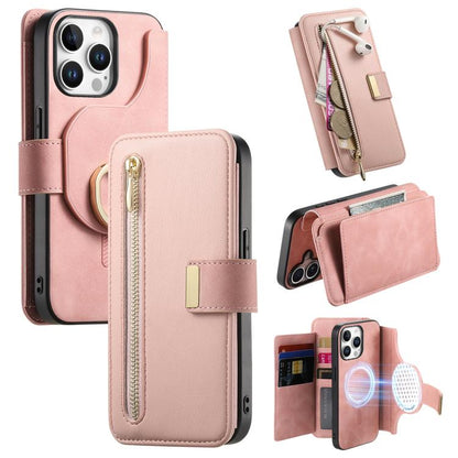 For iPhone 13 Pro Max Ring Zipper Wallet RFID Blocking MagSafe Leather Phone Case(Pink) - iPhone 13 Pro Max Cases by buy2fix | Online Shopping UK | buy2fix