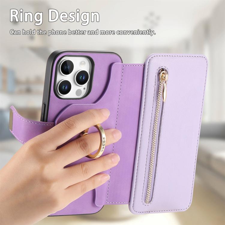 For iPhone 13 Pro Max Ring Zipper Wallet RFID Blocking MagSafe Leather Phone Case(Purple) - iPhone 13 Pro Max Cases by buy2fix | Online Shopping UK | buy2fix