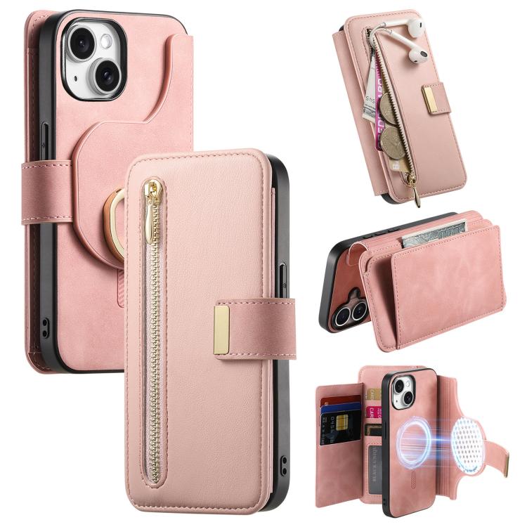 For iPhone 13 Ring Zipper Wallet RFID Blocking MagSafe Leather Phone Case(Pink) - iPhone 13 Cases by buy2fix | Online Shopping UK | buy2fix