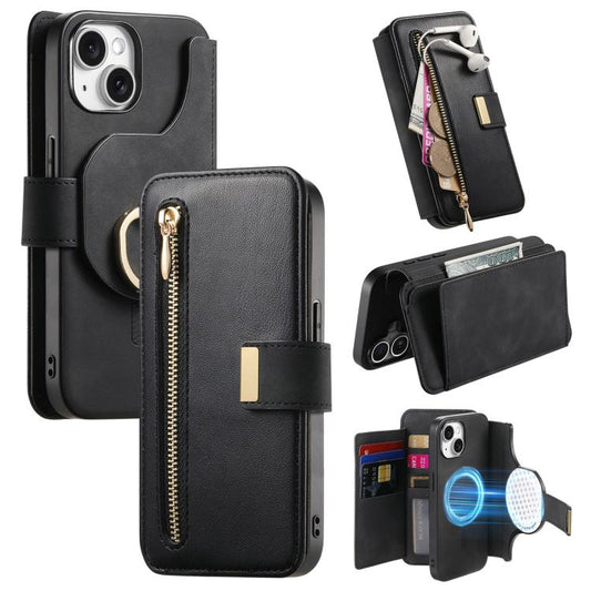 For iPhone 13 Ring Zipper Wallet RFID Blocking MagSafe Leather Phone Case(Black) - iPhone 13 Cases by buy2fix | Online Shopping UK | buy2fix