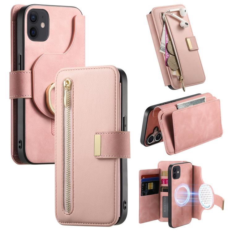 For iPhone 12 / 12 Pro Ring Zipper Wallet RFID Blocking MagSafe Leather Phone Case(Pink) - iPhone 12 / 12 Pro Cases by buy2fix | Online Shopping UK | buy2fix
