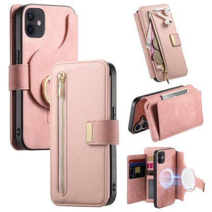 For iPhone 12 / 12 Pro Ring Zipper Wallet RFID Blocking MagSafe Leather Phone Case(Pink) - iPhone 12 / 12 Pro Cases by buy2fix | Online Shopping UK | buy2fix
