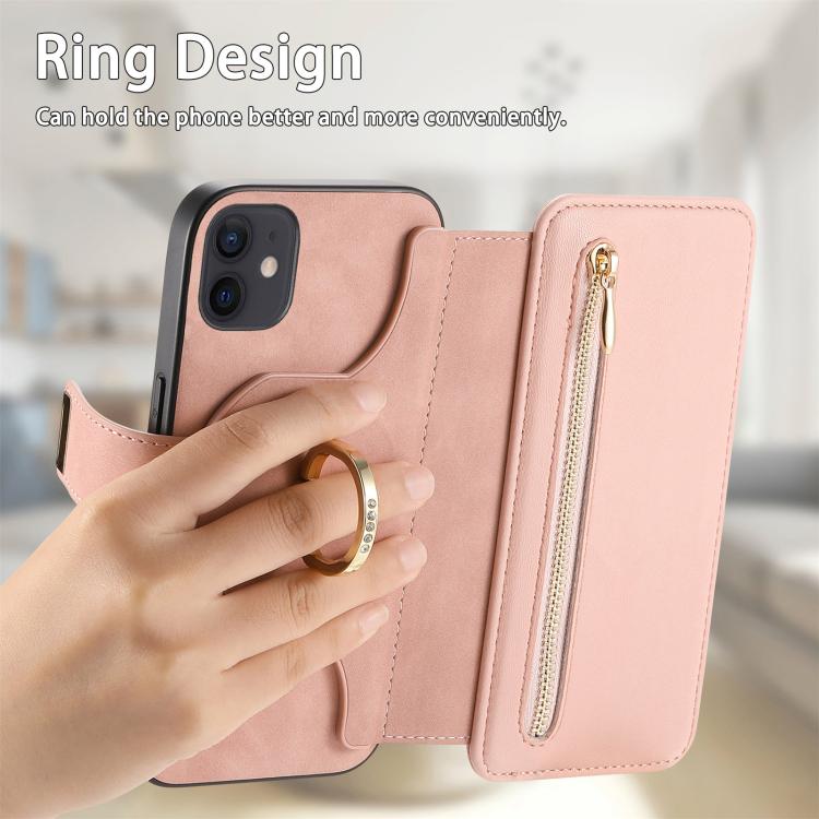 For iPhone 12 / 12 Pro Ring Zipper Wallet RFID Blocking MagSafe Leather Phone Case(Pink) - iPhone 12 / 12 Pro Cases by buy2fix | Online Shopping UK | buy2fix