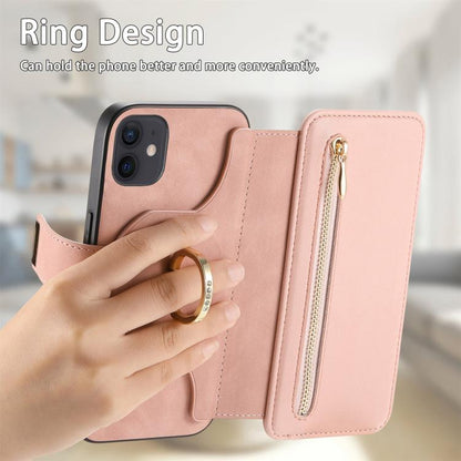 For iPhone 12 / 12 Pro Ring Zipper Wallet RFID Blocking MagSafe Leather Phone Case(Pink) - iPhone 12 / 12 Pro Cases by buy2fix | Online Shopping UK | buy2fix