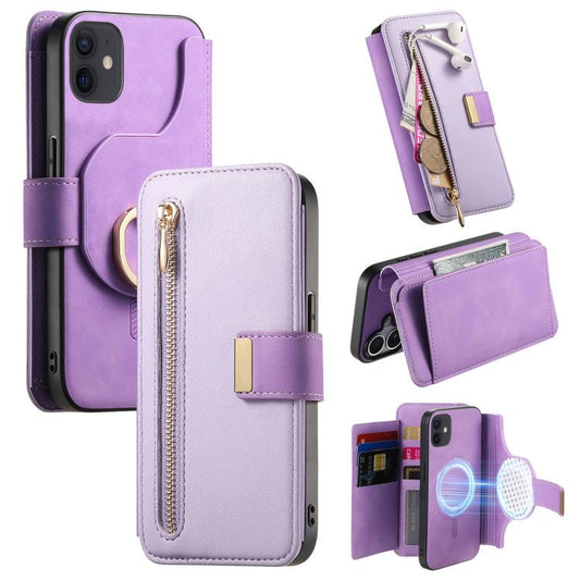 For iPhone 12 / 12 Pro Ring Zipper Wallet RFID Blocking MagSafe Leather Phone Case(Purple) - iPhone 12 / 12 Pro Cases by buy2fix | Online Shopping UK | buy2fix