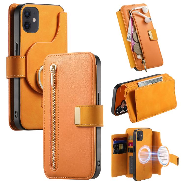 For iPhone 12 / 12 Pro Ring Zipper Wallet RFID Blocking MagSafe Leather Phone Case(Orange) - iPhone 12 / 12 Pro Cases by buy2fix | Online Shopping UK | buy2fix