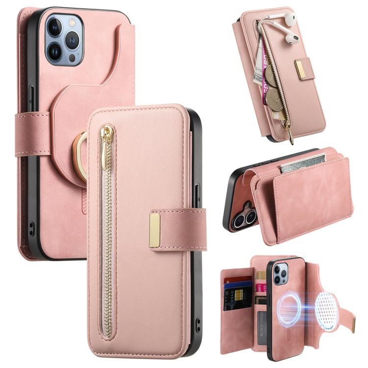 For iPhone 12 Pro Max Ring Zipper Wallet RFID Blocking MagSafe Leather Phone Case(Pink) - iPhone 12 Pro Max Cases by buy2fix | Online Shopping UK | buy2fix