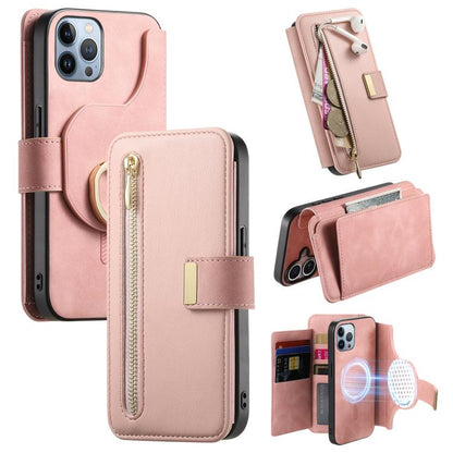 For iPhone 12 Pro Max Ring Zipper Wallet RFID Blocking MagSafe Leather Phone Case(Pink) - iPhone 12 Pro Max Cases by buy2fix | Online Shopping UK | buy2fix