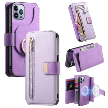 For iPhone 12 Pro Max Ring Zipper Wallet RFID Blocking MagSafe Leather Phone Case(Purple) - iPhone 12 Pro Max Cases by buy2fix | Online Shopping UK | buy2fix
