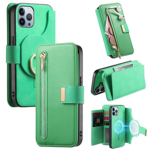 For iPhone 12 Pro Max Ring Zipper Wallet RFID Blocking MagSafe Leather Phone Case(Green) - iPhone 12 Pro Max Cases by buy2fix | Online Shopping UK | buy2fix