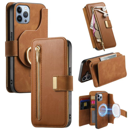 For iPhone 12 Pro Max Ring Zipper Wallet RFID Blocking MagSafe Leather Phone Case(Brown) - iPhone 12 Pro Max Cases by buy2fix | Online Shopping UK | buy2fix