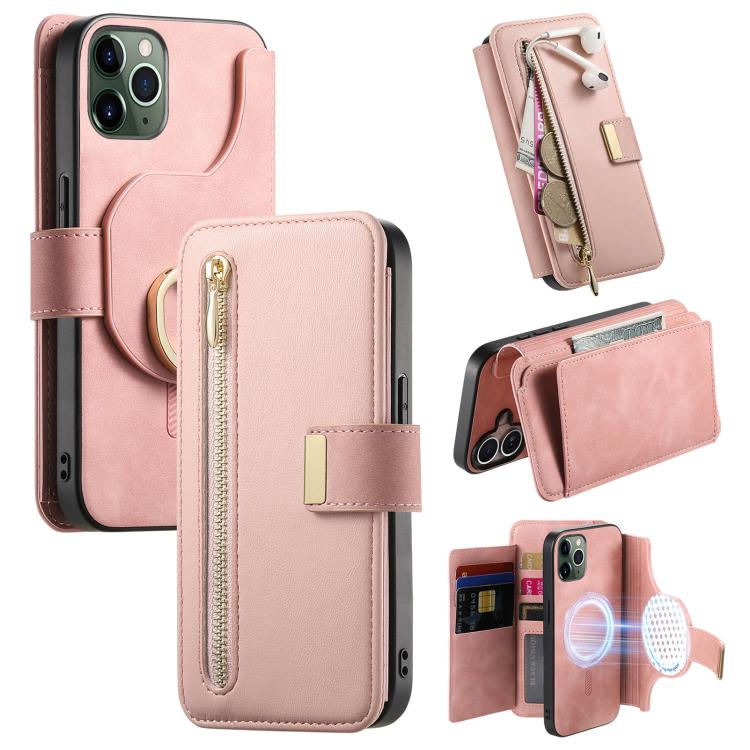 For iPhone 11 Pro Max Ring Zipper Wallet RFID Blocking MagSafe Leather Phone Case(Pink) - iPhone 11 Pro Max Cases by buy2fix | Online Shopping UK | buy2fix