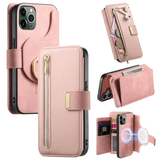 For iPhone 11 Pro Max Ring Zipper Wallet RFID Blocking MagSafe Leather Phone Case(Pink) - iPhone 11 Pro Max Cases by buy2fix | Online Shopping UK | buy2fix