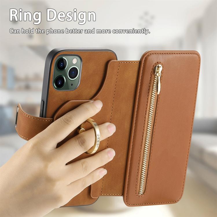For iPhone 11 Pro Max Ring Zipper Wallet RFID Blocking MagSafe Leather Phone Case(Brown) - iPhone 11 Pro Max Cases by buy2fix | Online Shopping UK | buy2fix