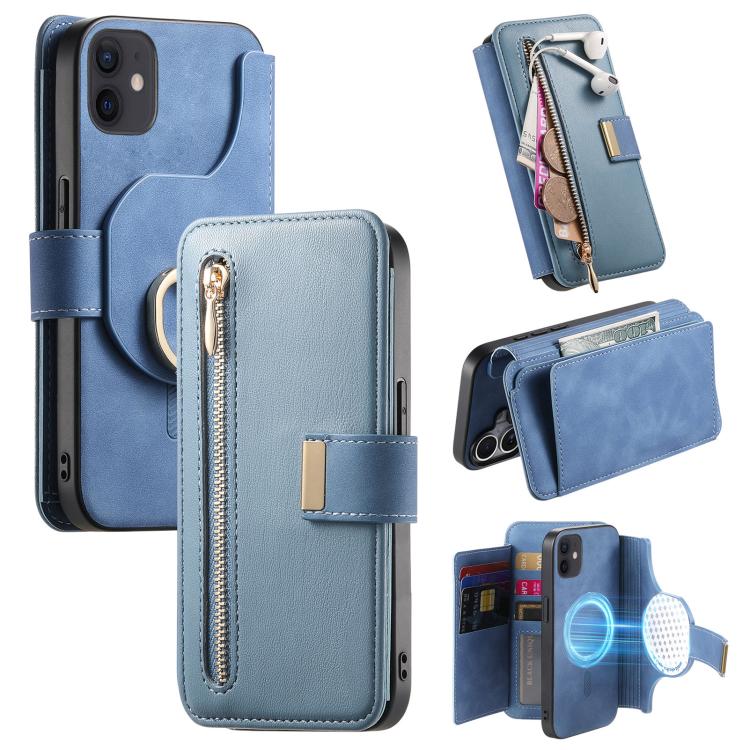 For iPhone 11 Ring Zipper Wallet RFID Blocking MagSafe Leather Phone Case(Blue) - iPhone 11 Cases by buy2fix | Online Shopping UK | buy2fix