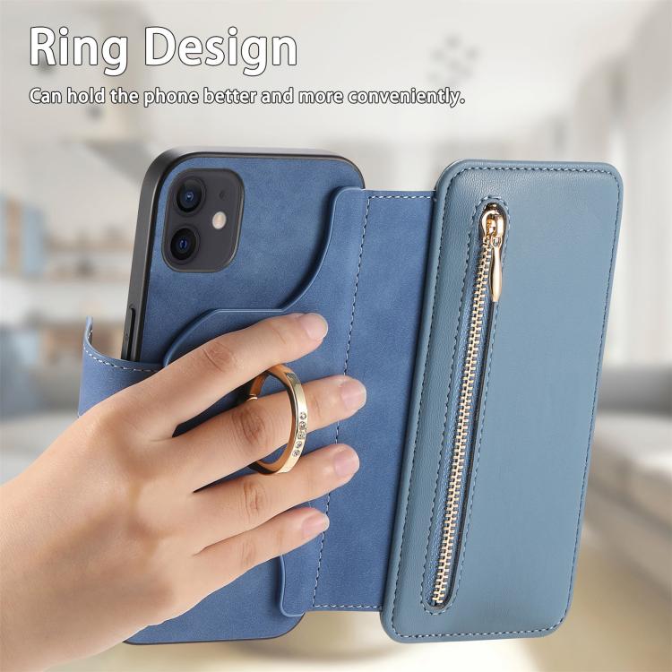 For iPhone 11 Ring Zipper Wallet RFID Blocking MagSafe Leather Phone Case(Blue) - iPhone 11 Cases by buy2fix | Online Shopping UK | buy2fix