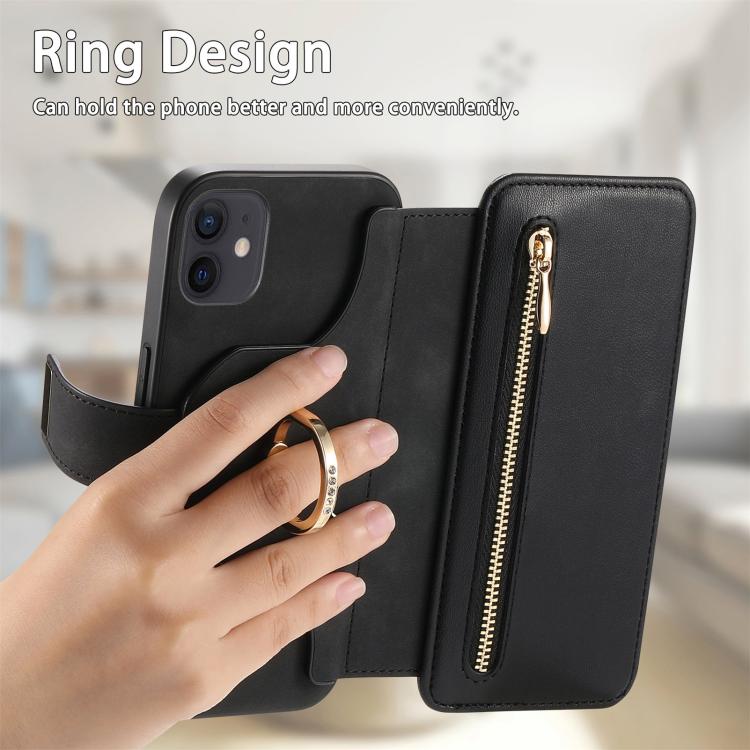 For iPhone 11 Ring Zipper Wallet RFID Blocking MagSafe Leather Phone Case(Black) - iPhone 11 Cases by buy2fix | Online Shopping UK | buy2fix