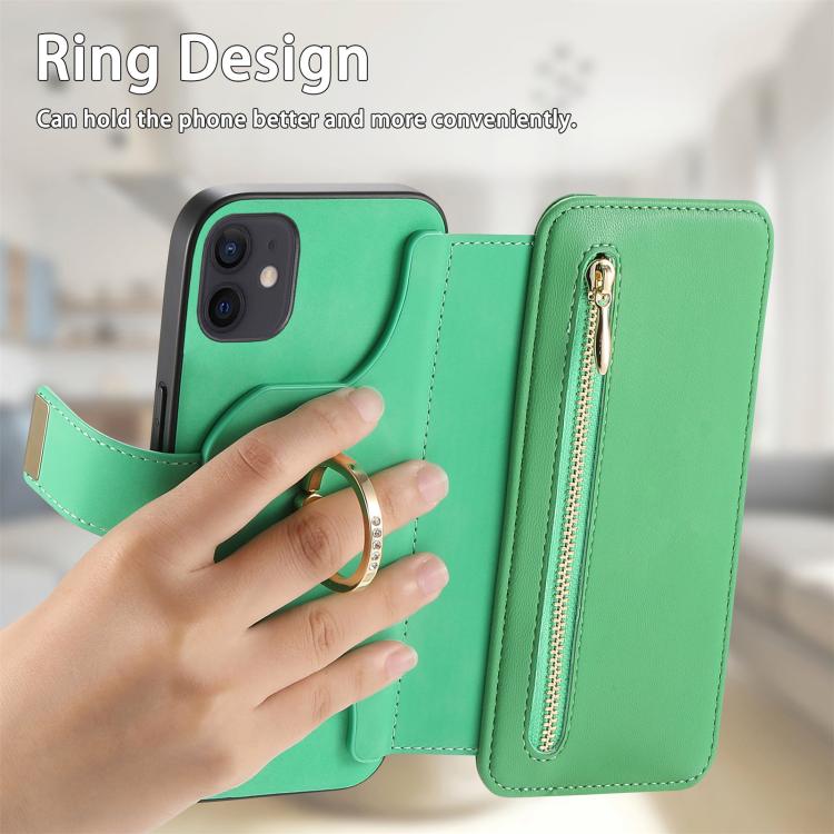 For iPhone 11 Ring Zipper Wallet RFID Blocking MagSafe Leather Phone Case(Green) - iPhone 11 Cases by buy2fix | Online Shopping UK | buy2fix