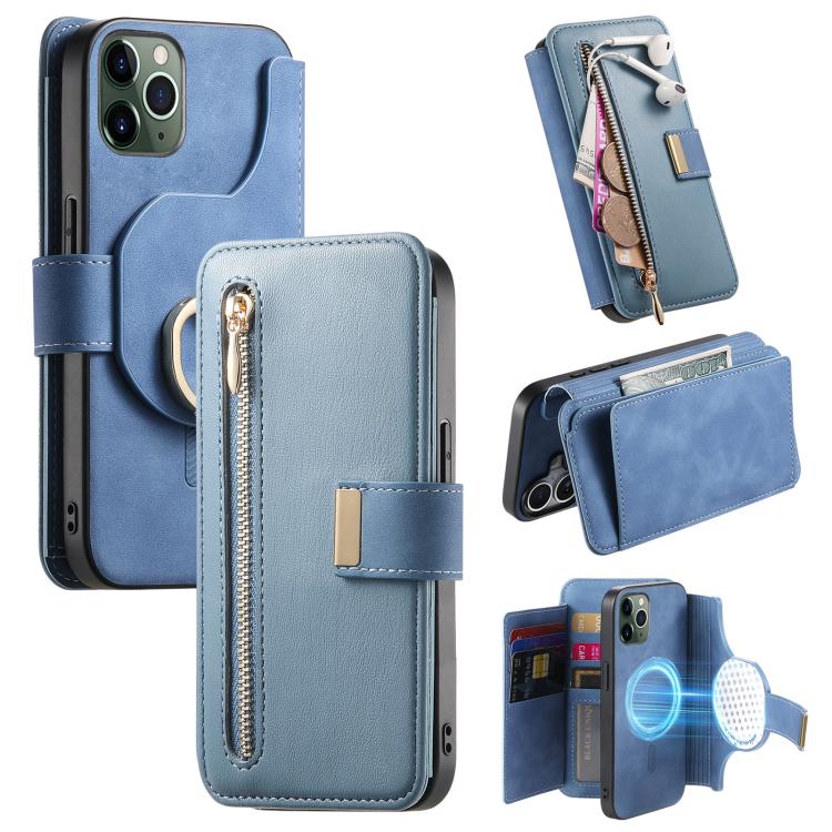 For iPhone 11 Pro Ring Zipper Wallet RFID Blocking MagSafe Leather Phone Case(Blue) - iPhone 11 Pro Cases by buy2fix | Online Shopping UK | buy2fix