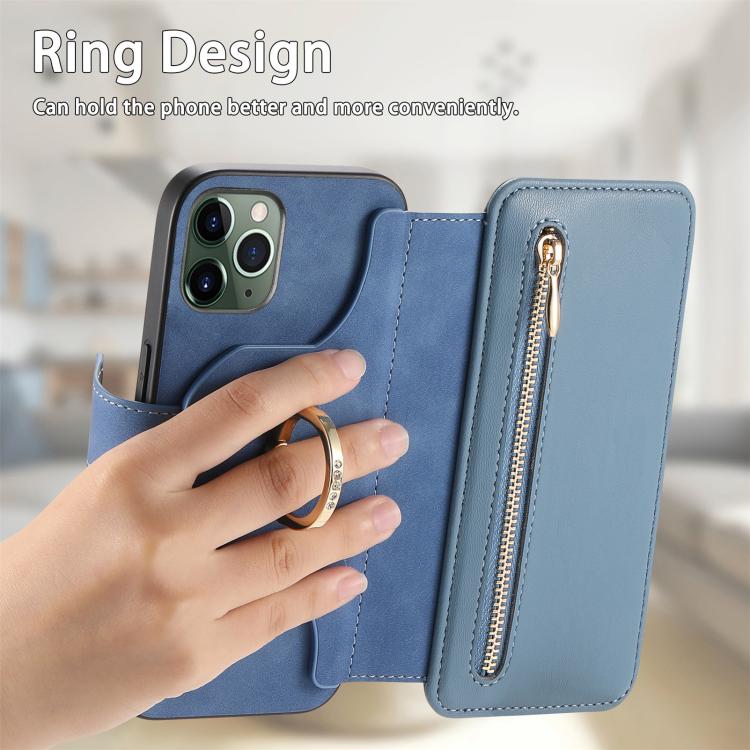 For iPhone 11 Pro Ring Zipper Wallet RFID Blocking MagSafe Leather Phone Case(Blue) - iPhone 11 Pro Cases by buy2fix | Online Shopping UK | buy2fix