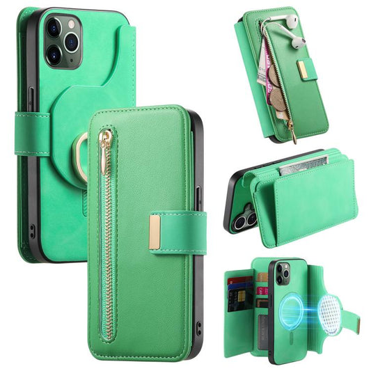 For iPhone 11 Pro Ring Zipper Wallet RFID Blocking MagSafe Leather Phone Case(Green) - iPhone 11 Pro Cases by buy2fix | Online Shopping UK | buy2fix