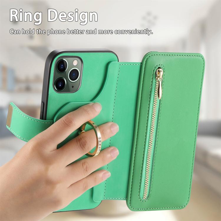 For iPhone 11 Pro Ring Zipper Wallet RFID Blocking MagSafe Leather Phone Case(Green) - iPhone 11 Pro Cases by buy2fix | Online Shopping UK | buy2fix