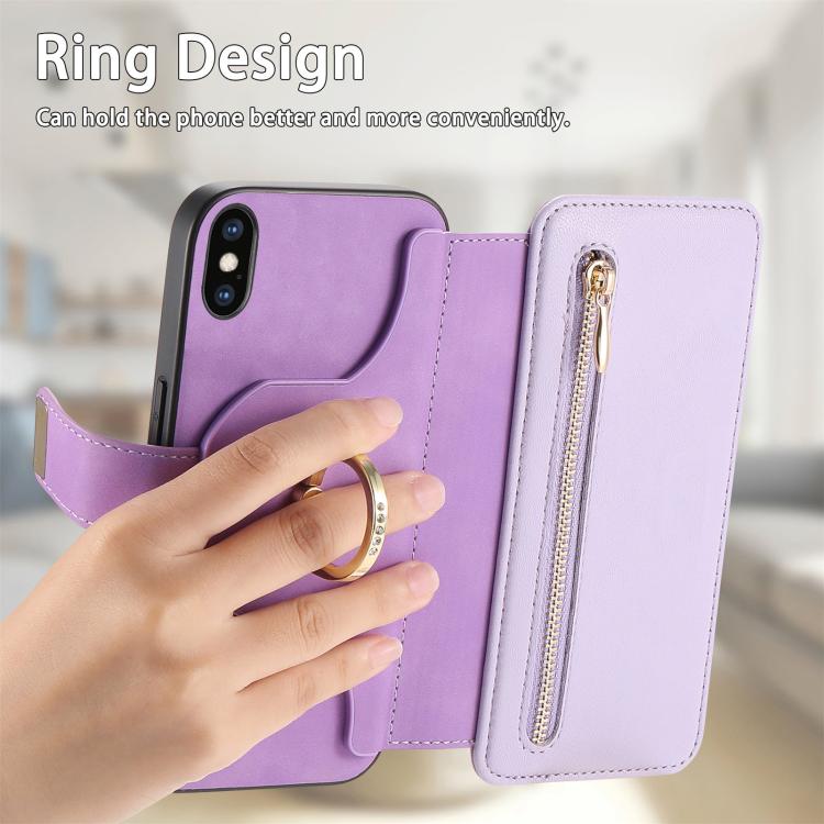 For iPhone X / XS Ring Zipper Wallet RFID Blocking MagSafe Leather Phone Case(Purple) - More iPhone Cases by buy2fix | Online Shopping UK | buy2fix