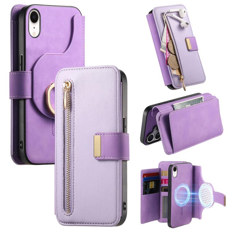 For iPhone XR Ring Zipper Wallet RFID Blocking MagSafe Leather Phone Case(Purple) - More iPhone Cases by buy2fix | Online Shopping UK | buy2fix