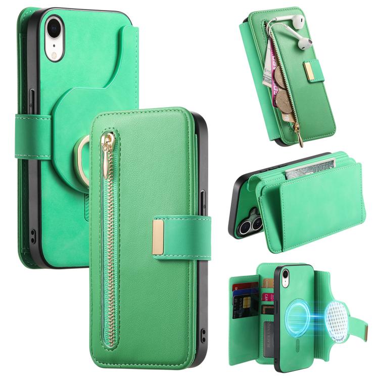 For iPhone XR Ring Zipper Wallet RFID Blocking MagSafe Leather Phone Case(Green) - More iPhone Cases by buy2fix | Online Shopping UK | buy2fix