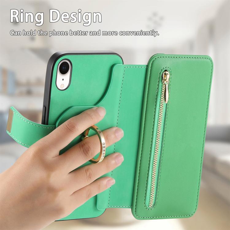 For iPhone XR Ring Zipper Wallet RFID Blocking MagSafe Leather Phone Case(Green) - More iPhone Cases by buy2fix | Online Shopping UK | buy2fix
