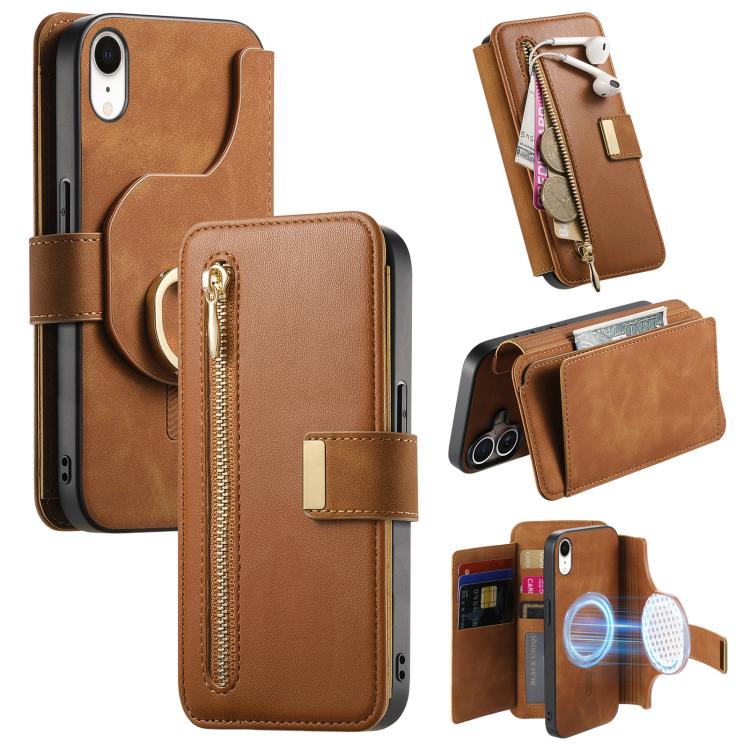 For iPhone XR Ring Zipper Wallet RFID Blocking MagSafe Leather Phone Case(Brown) - More iPhone Cases by buy2fix | Online Shopping UK | buy2fix