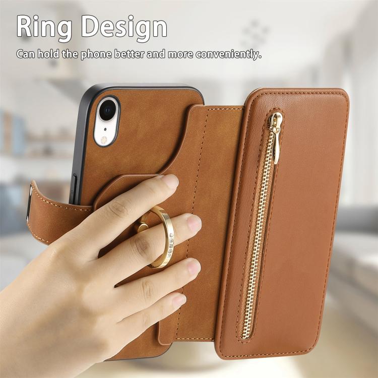 For iPhone XR Ring Zipper Wallet RFID Blocking MagSafe Leather Phone Case(Brown) - More iPhone Cases by buy2fix | Online Shopping UK | buy2fix