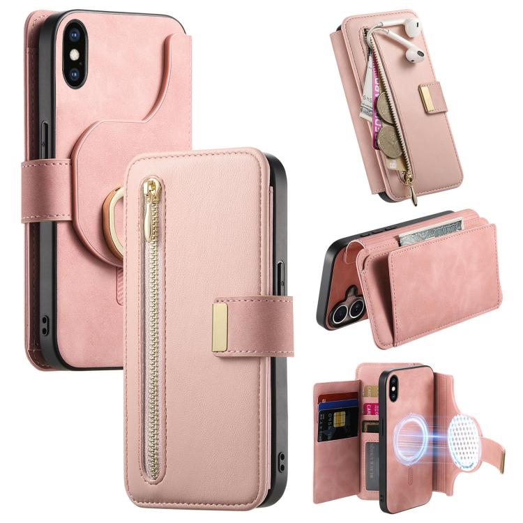 For iPhone XS Max Ring Zipper Wallet RFID Blocking MagSafe Leather Phone Case(Pink) - More iPhone Cases by buy2fix | Online Shopping UK | buy2fix