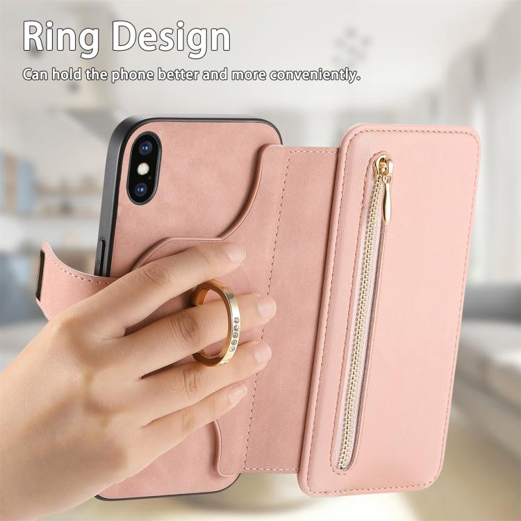 For iPhone XS Max Ring Zipper Wallet RFID Blocking MagSafe Leather Phone Case(Pink) - More iPhone Cases by buy2fix | Online Shopping UK | buy2fix