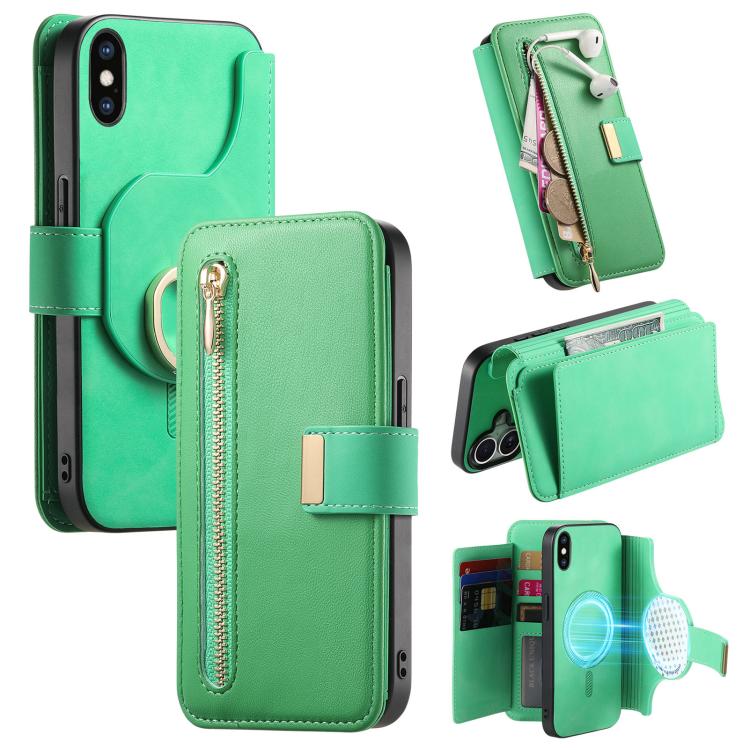 For iPhone XS Max Ring Zipper Wallet RFID Blocking MagSafe Leather Phone Case(Green) - More iPhone Cases by buy2fix | Online Shopping UK | buy2fix