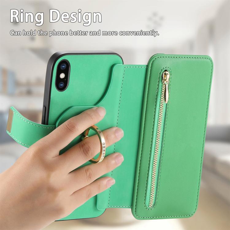 For iPhone XS Max Ring Zipper Wallet RFID Blocking MagSafe Leather Phone Case(Green) - More iPhone Cases by buy2fix | Online Shopping UK | buy2fix