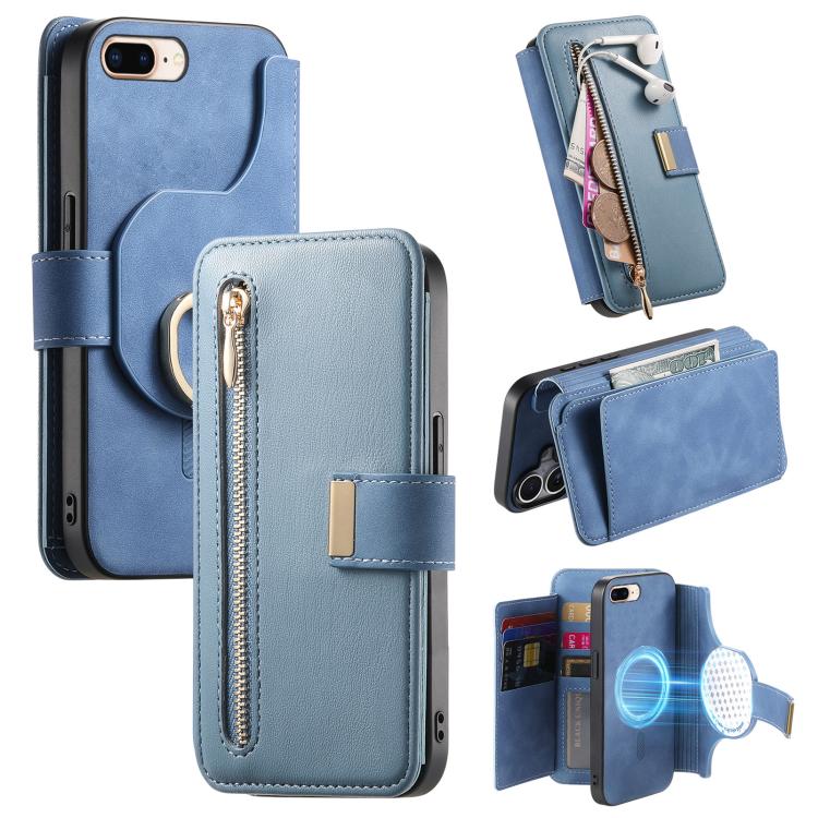 For iPhone 7 Plus / 8 Plus Ring Zipper Wallet RFID Blocking MagSafe Leather Phone Case(Blue) - More iPhone Cases by buy2fix | Online Shopping UK | buy2fix