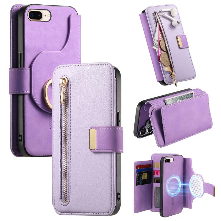 For iPhone 7 Plus / 8 Plus Ring Zipper Wallet RFID Blocking MagSafe Leather Phone Case(Purple) - More iPhone Cases by buy2fix | Online Shopping UK | buy2fix